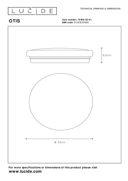 Lucide OTIS - Plafonnier - Ø 34 cm - LED - 1x24W 3000K - Opalin - TECHNISCH